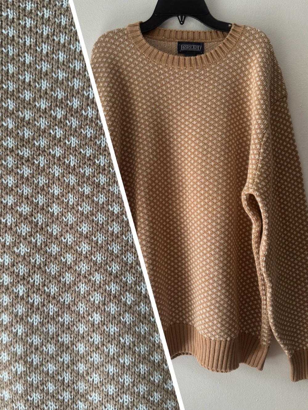 Vintage Lands' End Tan and White Cotton Men’s Crew Neck Sweater Pullover